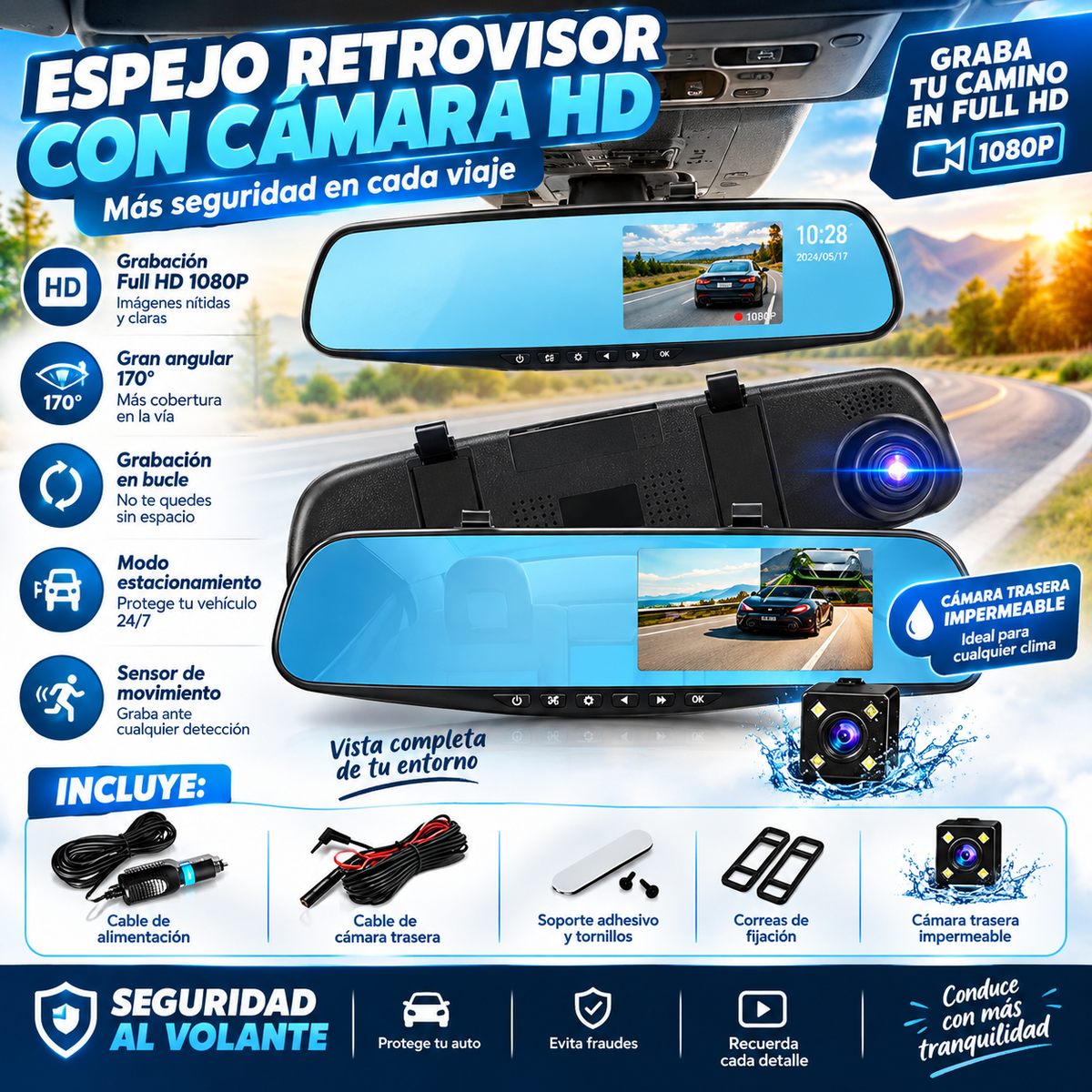 Espejo retrovisor universal con 2 camaras trasera y delantera