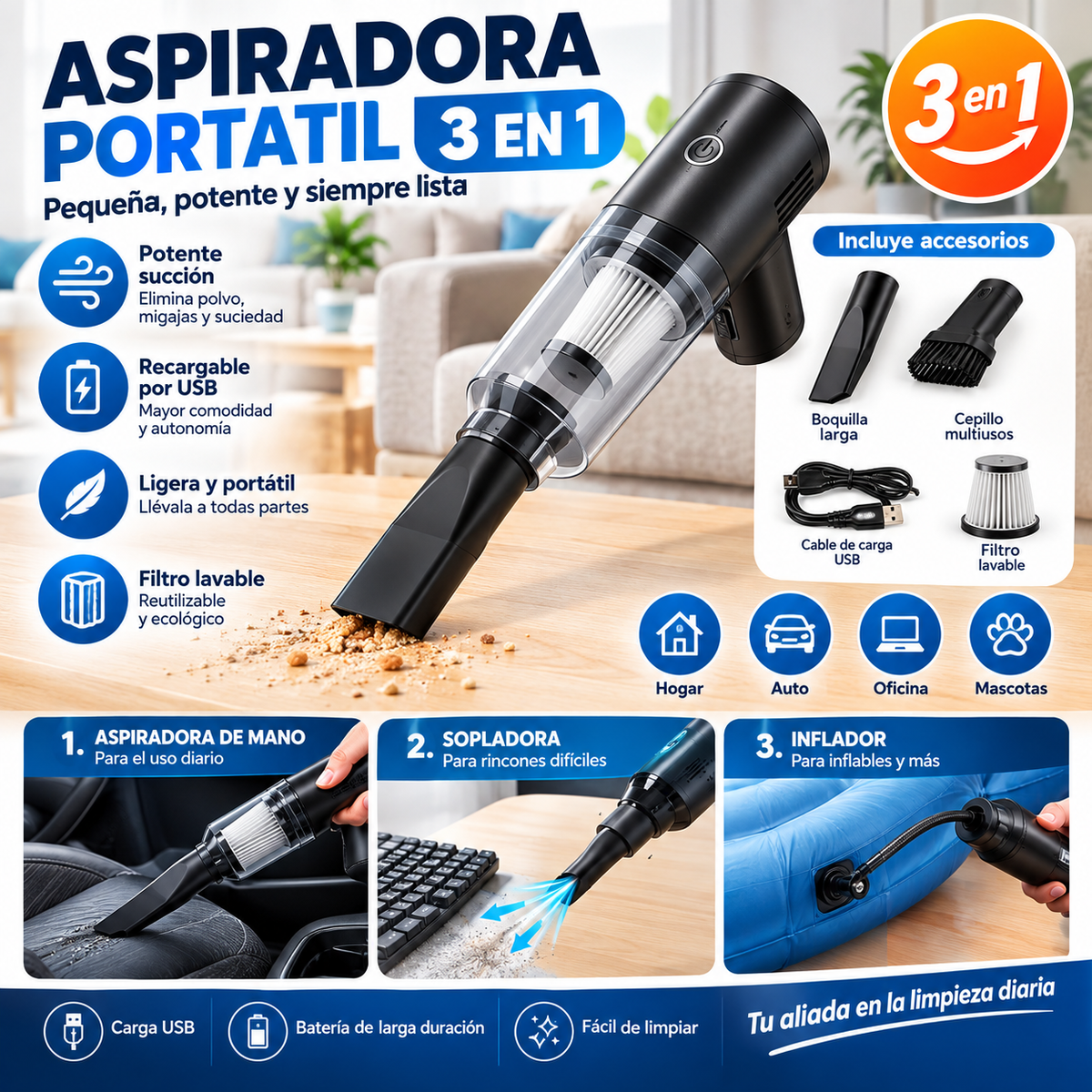 ASPIRADORA PORTATIL 3 EN 1.